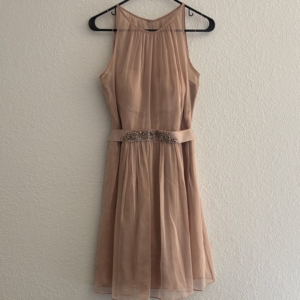 Adrianna Papell Tan Midi Dress with Embellished Waist